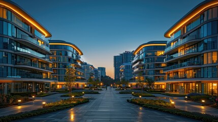 Obraz premium Modern apartment buildings at dusk, illuminated walkways, landscaped gardens.
