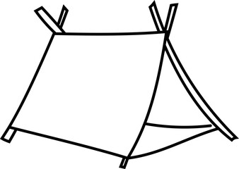 Simple line drawing of a pitched camping tent.