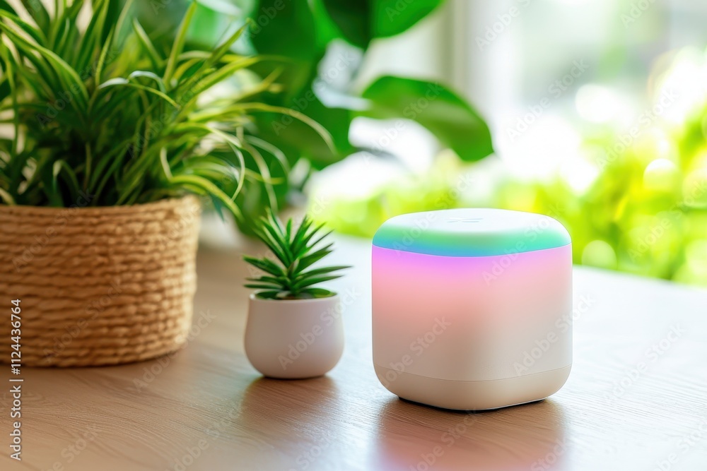 Aufkleber modern aromatherapy diffuser with soothing light and greenery in bright interior space