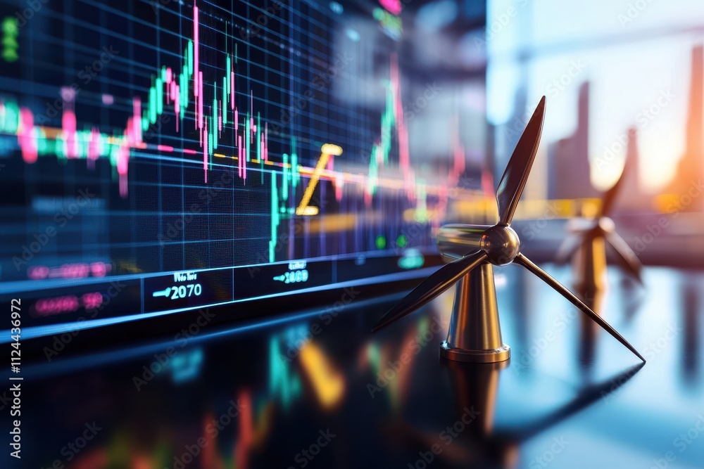 Poster Digital Wind Turbine Model with Stock Market Graph in Background