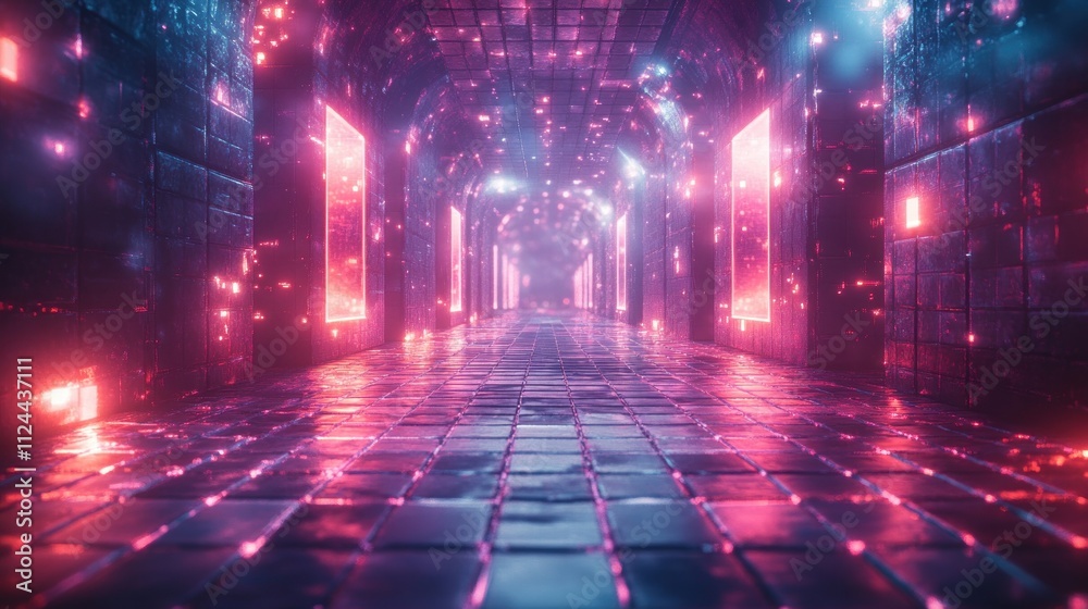 Poster futuristic cyberpunk digital landscape with neon lights glowing cubes and vibrant grid floor in abst