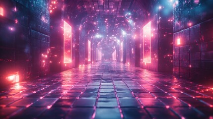 Obraz premium Futuristic Cyberpunk Digital Landscape with Neon Lights Glowing Cubes and Vibrant Grid Floor in Abstract 3D Art