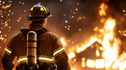 Firefighter stands in front of a burning house. Flames engulf the building. A rescuer responds to an emergency. The sky glows with fiery colors. AI generated