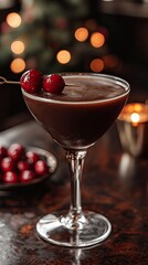 Elegant chocolate cocktail garnished with cherries in a cozy setting during evening hours