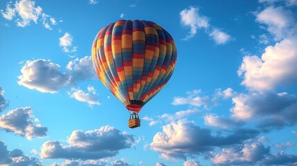 Naklejka premium Colorful hot air balloon soaring in a blue sky with clouds.