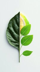 natural transpiration photosynthesis sunlight Half green leaf with vibrant yellow inner detail and smaller green leaves.