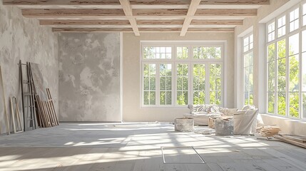 Sunlit, spacious room under renovation, showing exposed beams, unfinished walls, and large windows overlooking a garden.