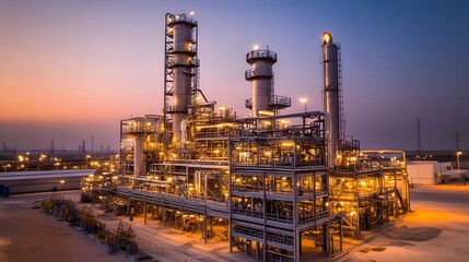 Obraz premium A large industrial plant with many tall towers and a lot of lights. The sky is orange and the sun is setting