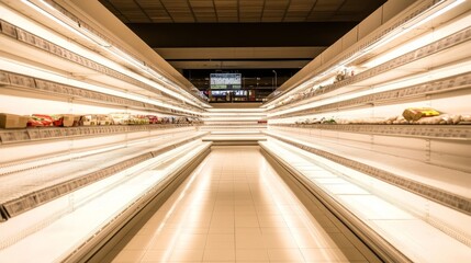 Obraz premium Minimalist supermarket scene with completely empty shelves, symbolizing scarcity and crisis