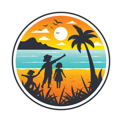 Family holiday beach at the beach logo or badge with cartoon vector illustration