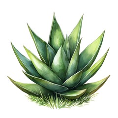 Fototapeta premium Watercolor Aloe Vera Plant Illustration: A detailed and vibrant watercolor illustration of a lush green aloe vera plant, showcasing its delicate leaves and intricate textures.