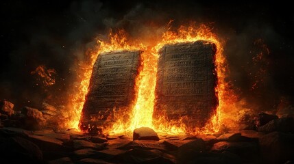 Tablets of the Law and Fire's Embrace Ancient Stone Tablets Burning Bright