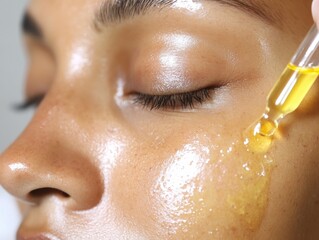 Side profile of a woman with golden facial oil applied on her glowing skin, minimal background - instagram social media content marketing
