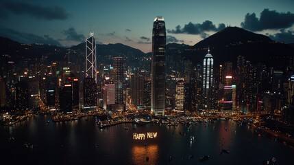 Naklejka premium New year's eve fireworks celebration over bustling city skyline hong kong nighttime view vibrant atmosphere urban festivity