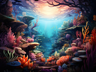 Incredible View of underwater sea life in cartoon style