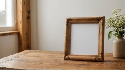 A picture frame sitting on top of a wooden table.