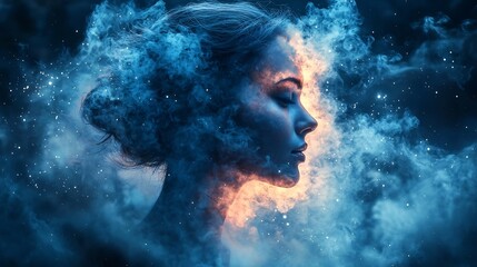 Dreamy Surreal Portrait of Woman s Face Fading into Starry Cosmos