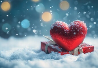 Obraz premium Romantic Red Heart-Shaped Gift Box Surrounded by Snow in a Winter Wonderland, Perfect for Valentine's Day or Holiday Celebrations and Festive Occasions