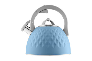 kettle with whistle, matte Blue color, with rhombus texture on isolated and white background...
