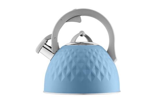 kettle with whistle, matte Blue color, with rhombus texture on isolated and white background close-up