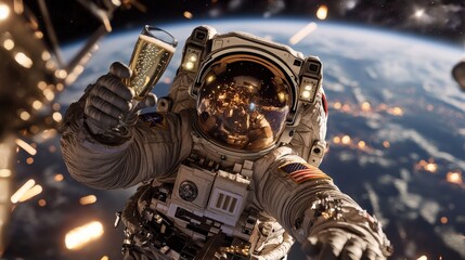 Futuristic new year celebration in space astronaut toasting with champagne earth backdrop high-tech environment unique perspective
