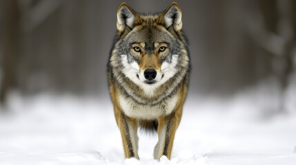 lone wolf walking through snow covered forest, showcasing its majestic presence and keen gaze. serene winter landscape enhances wolf striking features and natural beauty