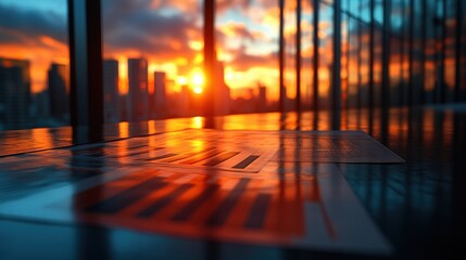 Fototapeta premium Business Meeting Teamwork Analysis with Finance Graph at Desk in Office during Golden Hour