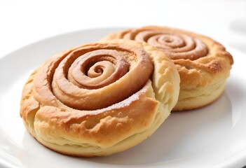 Fototapeta premium A flaky, buttery biscuit with a swirl of cinnamon and sugar, displayed on a crisp white plate