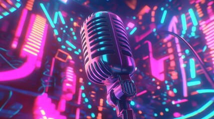 Retro microphone amidst vibrant neon lights 