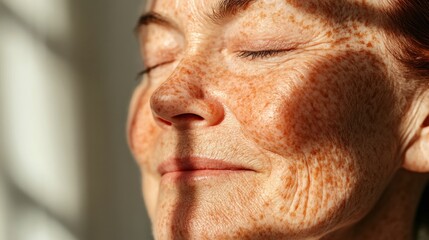 Obraz premium Close-up of a serene woman with freckles in sunlight 
