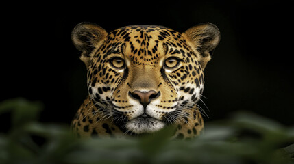 Fototapeta premium Majestic jaguar with striking spots gazing directly at viewer, surrounded by lush greenery. powerful presence of this wild cat evokes sense of awe and admiration
