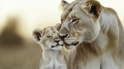 lion cub playing in grass with its mother, showcasing tender moment of affection. warm light enhances emotional connection between them