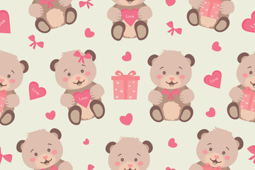 Seamless pattern with cute teddy bears and hearts in flat style on light background. Valentine's Day, Teddy Bear Day design. Vector