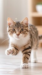 Obraz premium A curious tabby kitten cautiously taking a step forward on a wooden floor in a bright and cozy home environment.