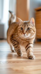 A curious tabby kitten cautiously taking a step forward on a wooden floor in a bright and cozy home environment.