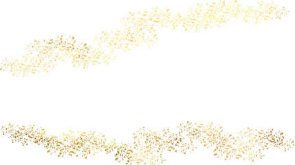  Golden shiny. Pieces flakes of gold foil on transparent background. Festive background with gold glitter and golden foil for celebration. Background with glowing golden particles.