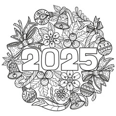 New Year 2025 hand drawn for adult coloring book