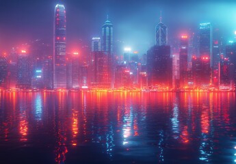 Fototapeta premium Hong Kong Night Cityscape Harbor Skyscrapers Neon Lights Reflection Fog Tour Modern Landmark