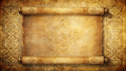 Ancient paper scroll with intricate designs and faded text, antique, vintage, manuscript, history, aged, parchment, ancient, script