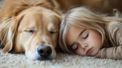 Cute Baby and Puppy Cuddling on Soft Carpet in Cozy Home Setting with Warm Natural Light