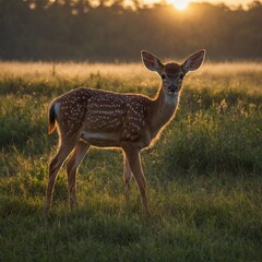 Fototapeta premium A gentle fawn grazing in a dewy meadow with a sunrise painting the sky.