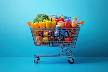 Shopping Cart Filled with Groceries on Blue Background Minimalist Style Lighting Depth Consumerism