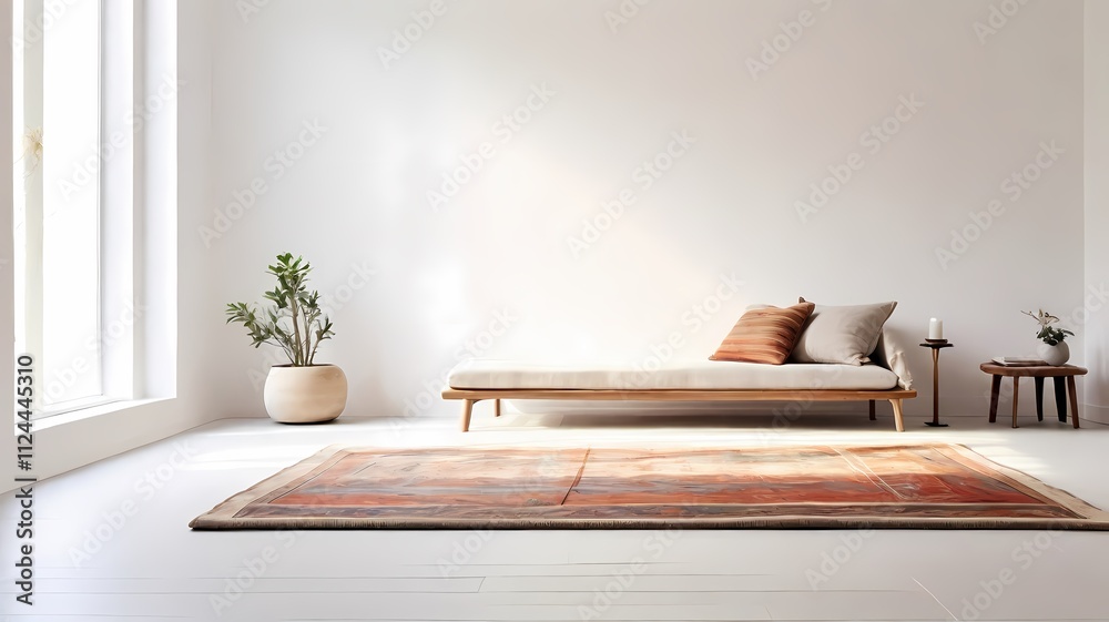 Wall mural Minimalist Living Room with Daybed: A serene and minimalist living room featuring a stylish daybed with plush cushions, a decorative rug, a potted plant, and a side table with candles.