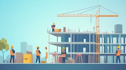Fototapeta premium Construction workers stand in front of a building under construction.