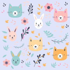 Fototapeta premium A seamless pattern featuring cute cartoon animals like cats, rabbits, and more in a fun and colorful design.