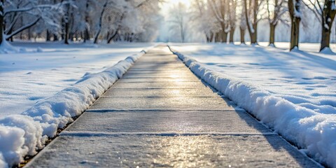 Snow-covered concrete path in winter , snow, concrete, path, winter, cold, white, frost, icy, frozen, tranquil, season, snowy