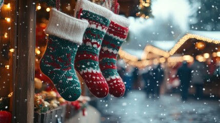 Christmas stockings hanging in a festive market with snow 