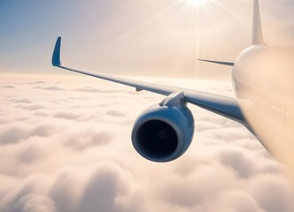 A commercial passenger jet flying high above the clouds, with the sun peeking through the hazy sky