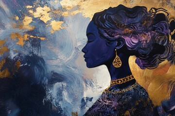 Elegant Profile of a Woman in Abstract Blue and Gold Artwork - Ethereal Beauty with Artistic Flair - Perfect for Home Decor and Creative Projects