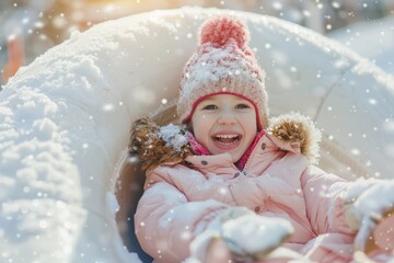 A cheerful child bundled up in winter gear enjoying a snowy day on a playground slide, surrounded by fresh snow.